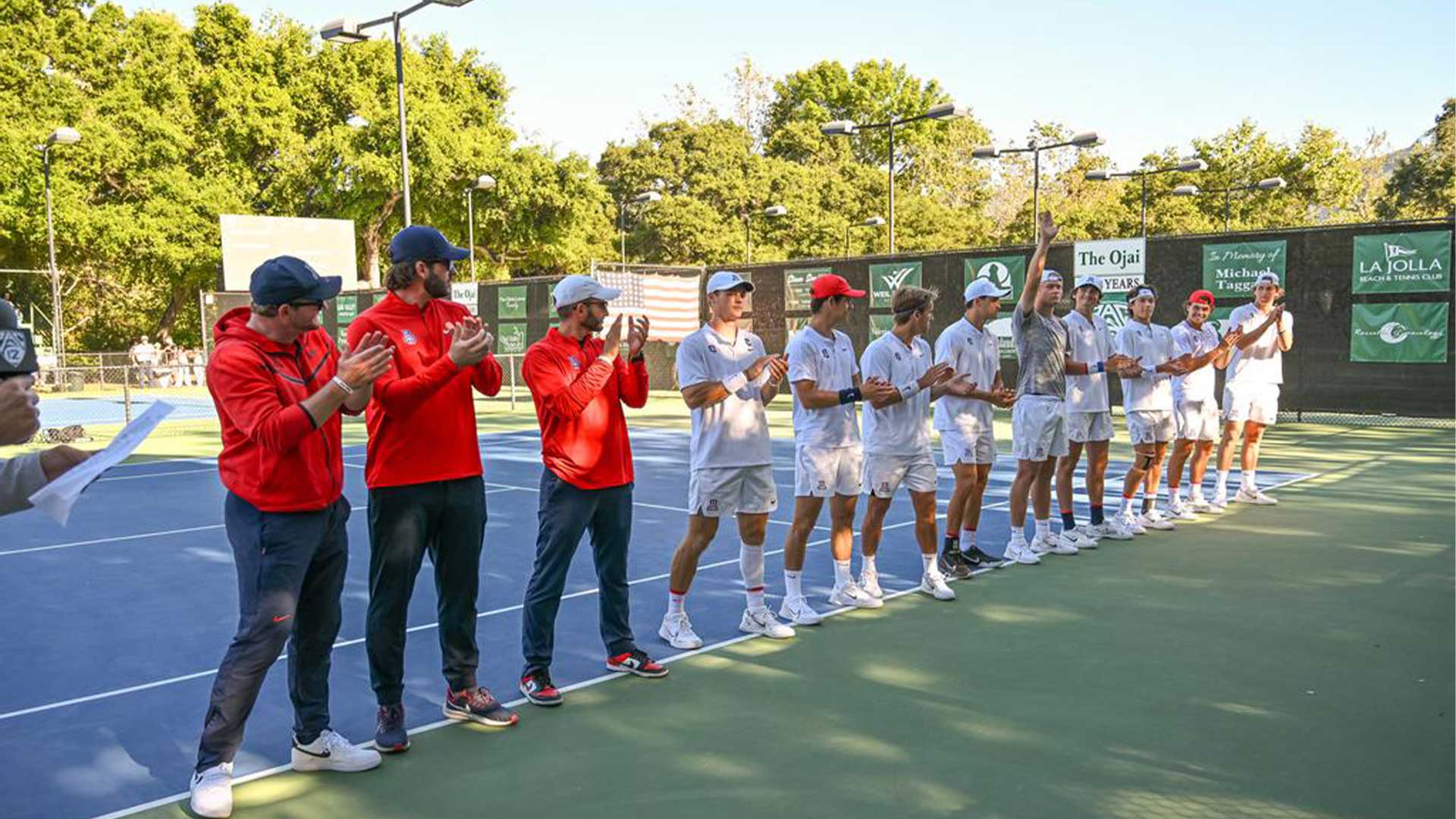 Clancy Shields, head coach, Alex Free, associate head coach, Mateus Ceolin, assistant coach, Colton Smith, Nick Lagaev, Gustaf Strom, Eric Padgham, Casper Christensen, Sasha Rozin, Jay Friend, Iñaki Cabrera-Bello, Herman Hoeyeraal - OJAI, CALIF. -- Men’s tennis vs. Stanford in the Pac-12 Championship match at Libbey Park. April 27, 2024.